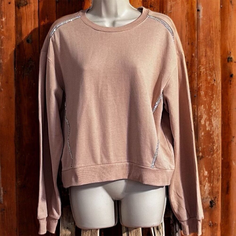 Zara Women's Pink Beige Rhinestone Trim Sparkle Cropped Sweatshirt Size S